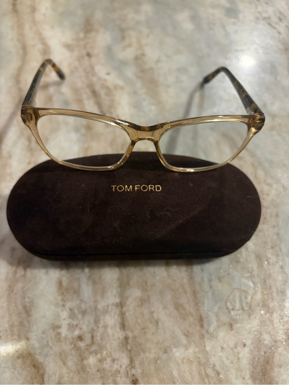 Tom Ford Translucent Gold Glasses Frame with Tortoiseshell Temples, case